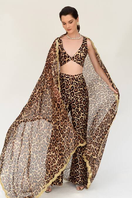 Buy_Sanam_Beige Silk Sequins, Embroidery Hazel Leopard Pattern Blouse Flared Pant Set _Online_at_Aza_Fashions