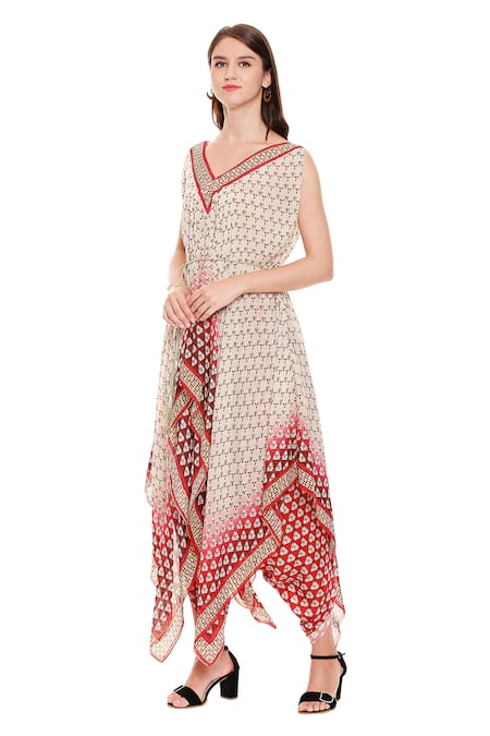 Soup By Sougat Paul_White Chiffon, Satin V Neck Asymmetric Tunic And Draped Pant Set _Online_at_Aza_Fashions