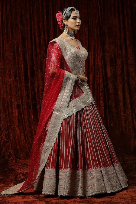 Shikhar Sharma_Red Silk, Net, Chanderi Beads, Tassels, Ruh Gulab Gota Bridal Lehenga Set _Online_at_Aza_Fashions