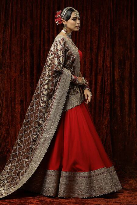 Shikhar Sharma Red Silk, Georgette, Chanderi Lal Gulab Bridal Lehenga Set With Dupatta Online at Aza Fashions Shikhar Sharma_Red Silk, Georgette, Chanderi Lal Gulab Bridal Lehenga Set With Dupatta _Online_at_Aza_Fashions