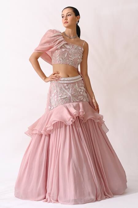 PIRI INDIA Pink Organza, Georgette Embroidery Asymmetric Hand Blouse And Lehenga Set Online at Aza Fashions PIRI INDIA_Pink Organza, Georgette Embroidery Asymmetric Hand Blouse And Lehenga Set _Online_at_Aza_Fashions