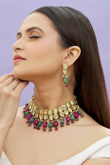 Kista_Brown Polkis, Emeralds Drop Embellished Choker Set_Online_at_Aza_Fashions