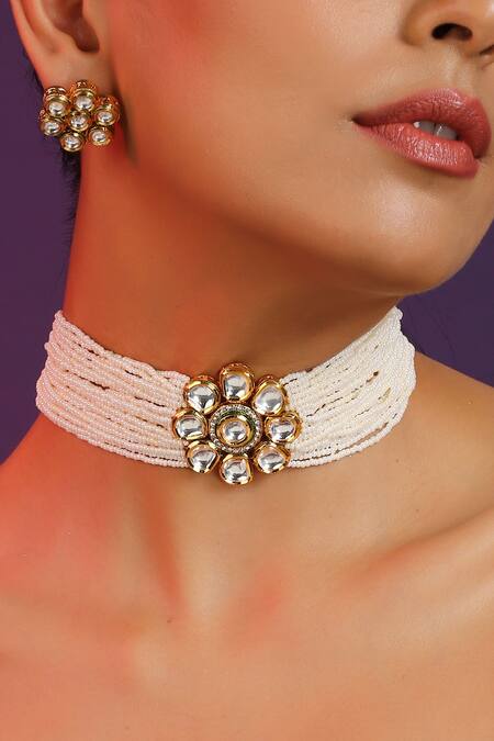 Swabhimann_White Pearls, Diamonds Floral Embellished Choker Set _Online_at_Aza_Fashions