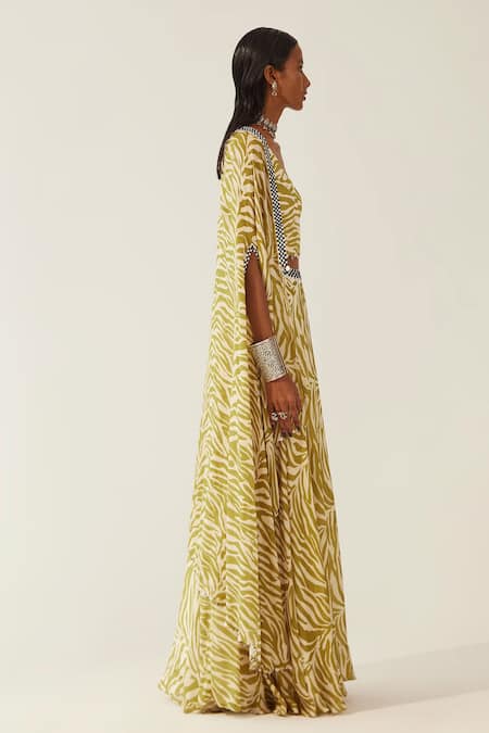 Amka_Green Chiffon Embroidery Square Neck Nicobar Leopard Print Cape Lehenga Set_Online_at_Aza_Fashions