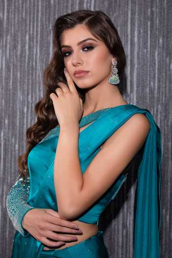 SHILPI GUPTA Blue Silk Satin Embroidery, Beads Cutdana Pre-draped Saree With Blouse Online at Aza Fashions SHILPI GUPTA_Blue Silk Satin Embroidery, Beads Cutdana Pre-draped Saree With Blouse _Online_at_Aza_Fashions