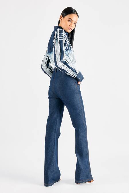 Mellowdrama Blue Tencel Fringe Shawl Neck Appliqued Shirt Online at Aza Fashions Mellowdrama_Blue Tencel Fringe Shawl Neck Appliqued Shirt_Online_at_Aza_Fashions