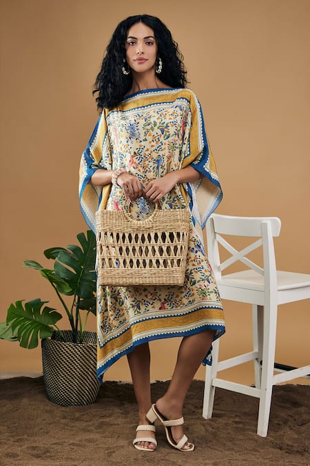 Soup By Sougat Paul_Yellow Cotton, Silk Round Neck Bird And Tile Printed Kaftan Dress _Online_at_Aza_Fashions