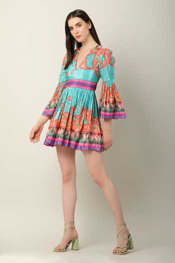 Limerick By Abirr N' Nanki_Multi Color Crepe V-neck Zeel Fit And Flare Dress _Online_at_Aza_Fashions