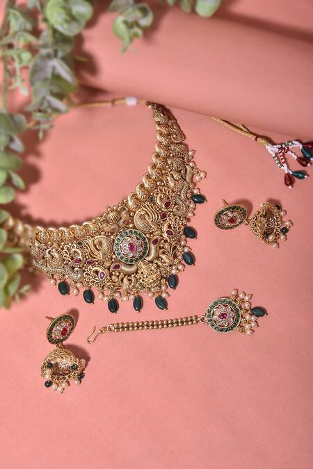 Swabhimann_Green Embellished Floral Pattern Temple Choker Set_Online_at_Aza_Fashions