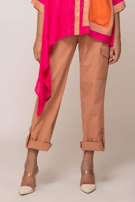 Ekavira_Pink Cotton, Modal, Twill Champa Color Block Shirt And Dahlia Brown Pant Set_Online_at_Aza_Fashions