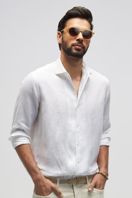 Terra Luna White 100% Linen Spread Collar Solid Shirt Online at Aza Fashions Terra Luna_White 100% Linen Spread Collar Solid Shirt _Online_at_Aza_Fashions