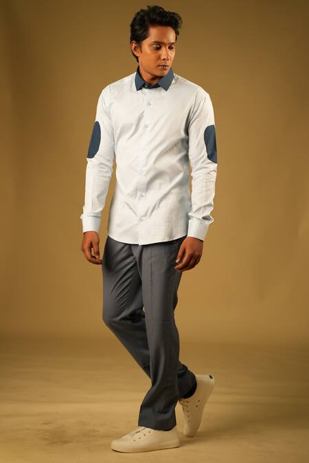 Hilo Design_Blue Oxford And Poplin Lycra Dark Kola Shirt _Online_at_Aza_Fashions