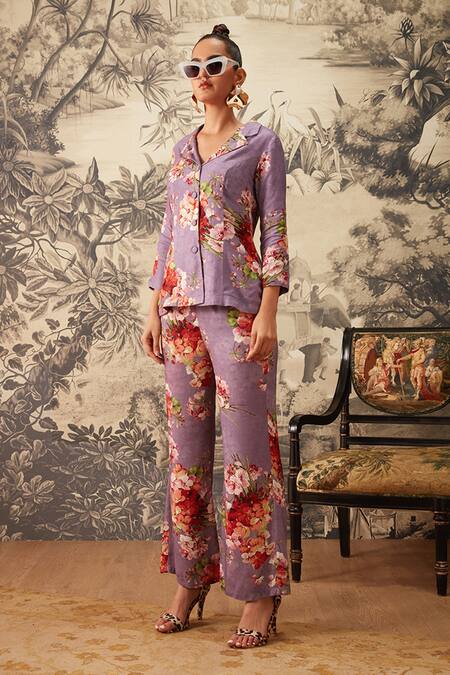 Kalista Purple Viscose Embroidery Botanical Pattern Blazer And Pant Set Online at Aza Fashions Kalista_Purple Viscose Embroidery Botanical Pattern Blazer And Pant Set _Online_at_Aza_Fashions