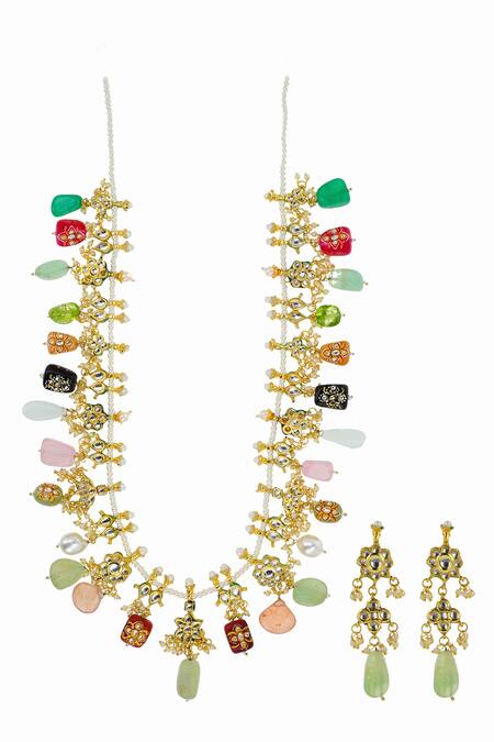 Ishhaara Multi Color Embroidery Stone Embellished Necklace Set Online at Aza Fashions Ishhaara_Multi Color Embroidery Stone Embellished Necklace Set _Online_at_Aza_Fashions