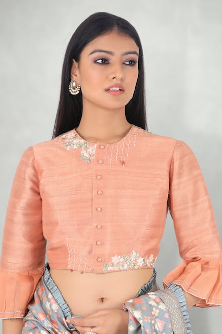 I Am Design_Peach Raw Silk Floral And Kantha Embroidery Round Placement Crop Top _Online_at_Aza_Fashions