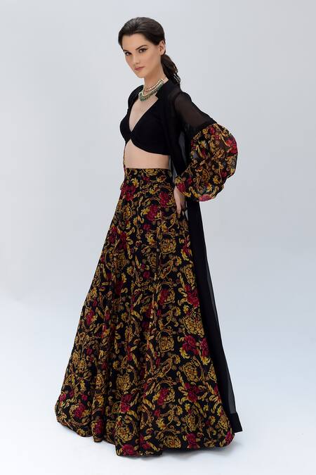 Buy Sanam Black Silk Organza Embroidery Versailles Floral Pattern Long Jacket Lehenga Set Online at Aza Fashions Buy_Sanam_Black Silk Organza Embroidery Versailles Floral Pattern Long Jacket Lehenga Set _Online_at_Aza_Fashions