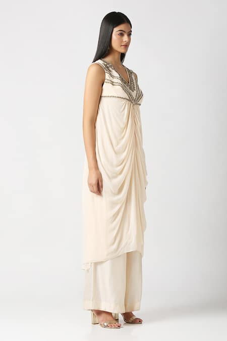 Labbada_Ivory Kurta Viscose Georgette Hand Embroidered Centre Draped And Palazzo Set_Online_at_Aza_Fashions
