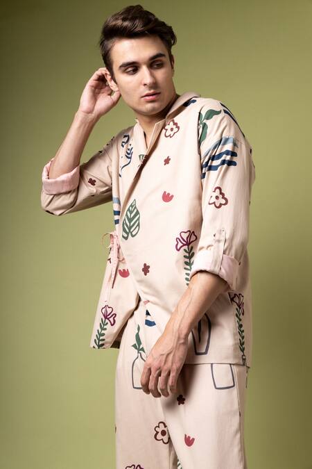 Doodlage Beige Twill Abstract Print Wrap Shacket Online at Aza Fashions Doodlage_Beige Twill Abstract Print Wrap Shacket_Online_at_Aza_Fashions