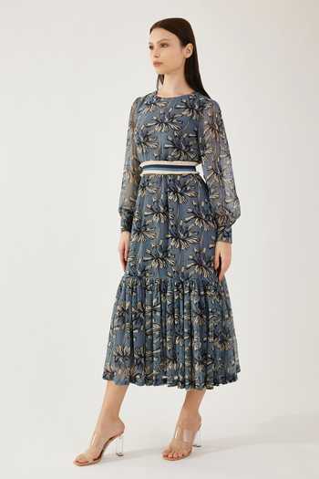 Koai_Blue Chiffon Fringe Round Neck Floral Print Midi Dress _Online_at_Aza_Fashions