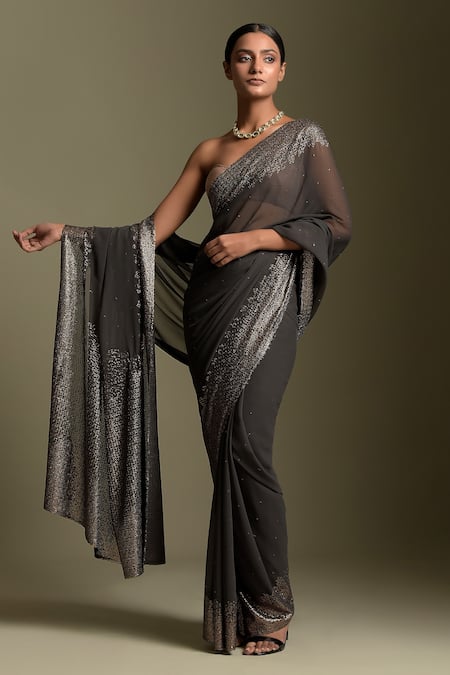 Two Sisters By Gyans_Grey Georgette Sequins Embellished Two Toned Saree With Unstitched Blouse Piece _Online_at_Aza_Fashions