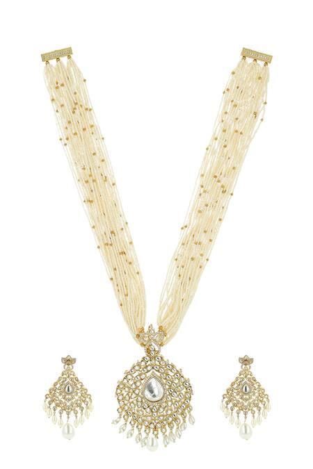 Ishhaara_White Embroidery Pearl Embellished Necklace Set _Online_at_Aza_Fashions