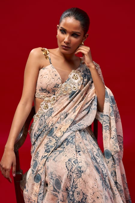 Bhumika Sharma Beige Georgette Tassels, Embroidery, Cut Work Blossom Print Saree With Blouse Online at Aza Fashions Bhumika Sharma_Beige Georgette Tassels, Embroidery, Cut Work Blossom Print Saree With Blouse _Online_at_Aza_Fashions