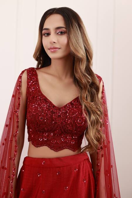 Megha & Jigar_Maroon Net, Dupion Floral V Neck Embroidered Bridal Lehenga Set_Online_at_Aza_Fashions