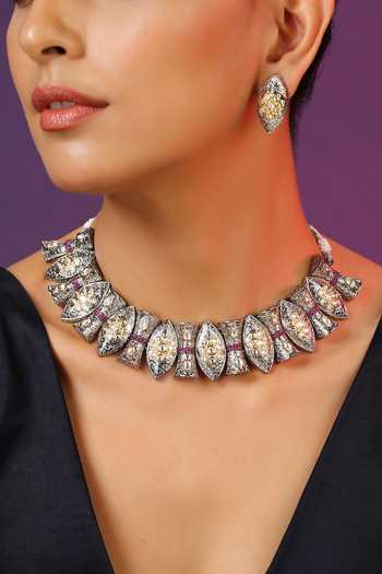 Swabhimann_Silver Plated Crystals, Stones Leaf Shaped Polki Necklace Set _Online_at_Aza_Fashions