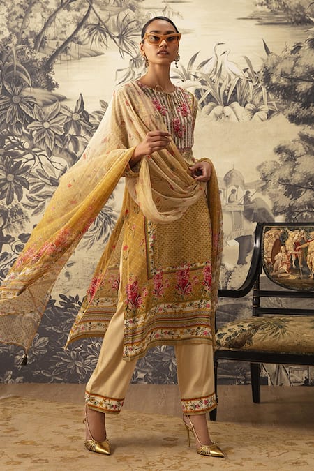 Kalista Yellow Crepe, Georgette Embroidery, Cut Work, Adah Printed Straight Kurta Set Online at Aza Fashions Kalista_Yellow Crepe, Georgette Embroidery, Cut Work, Adah Printed Straight Kurta Set _Online_at_Aza_Fashions
