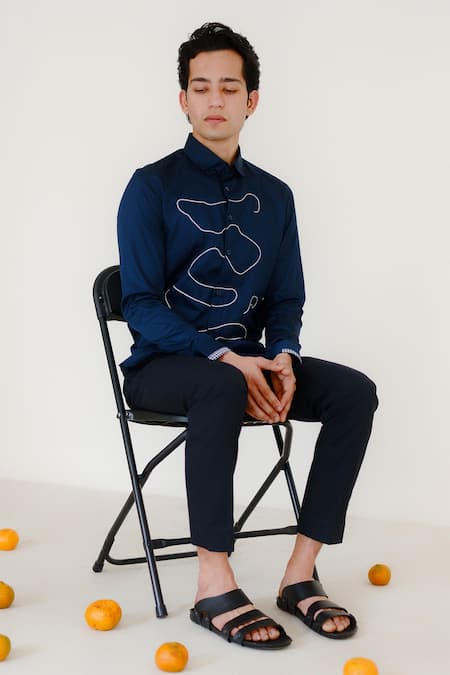 Lacquer Embassy_Navy Cotton Satin Embroidery Blue Abstract Shirt _Online_at_Aza_Fashions