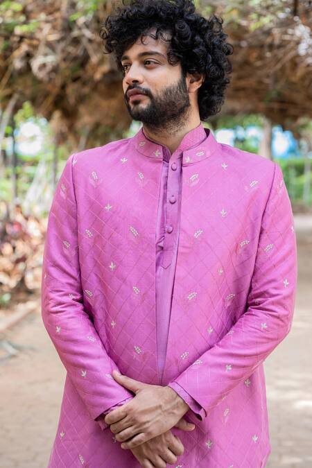Hilo Design Purple Silk Embroidery Checkered Sherwani Set Online at Aza Fashions Hilo Design_Purple Silk Embroidery Checkered Sherwani Set _Online_at_Aza_Fashions