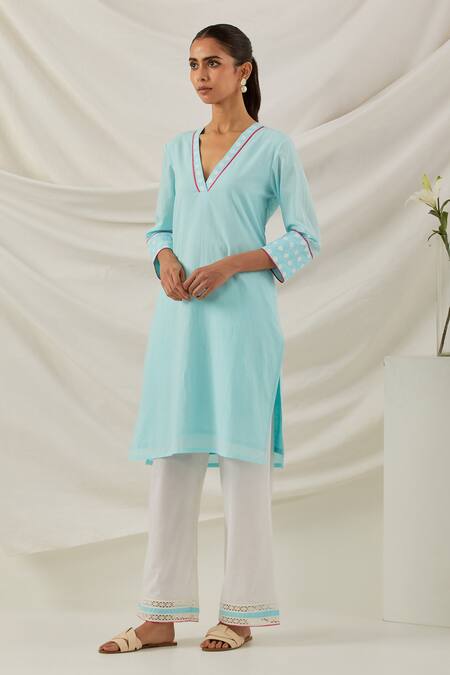 The Indian Cause_Blue Cotton Piping, Embroidery V-neck Solid Kurta Pant Set_Online_at_Aza_Fashions