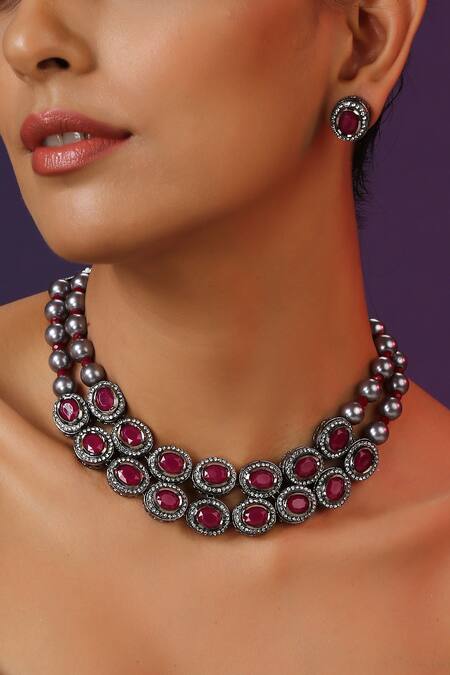 Swabhimann_Purple Stones Embellished Layered Choker Set _Online_at_Aza_Fashions
