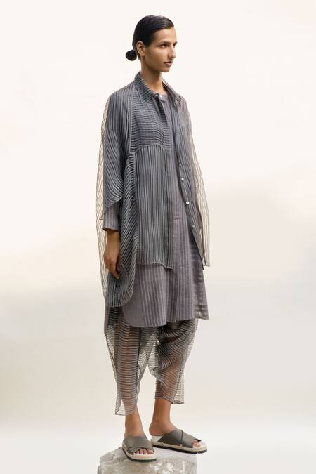 Urvashi Kaur_Grey Linen Embroidery Collared Terra Block Print Shirt _Online_at_Aza_Fashions