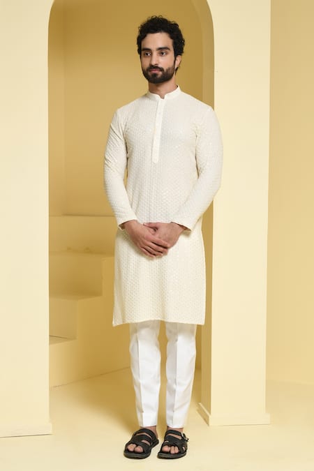 Kustomeyes_Ivory Cotton, Silk Sequins Embroidered Kurta And Pant Set _Online_at_Aza_Fashions