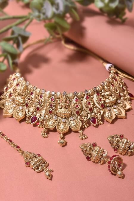 Swabhimann_Red Crystals, Stones Floral Pattern Temple Choker Set _Online_at_Aza_Fashions