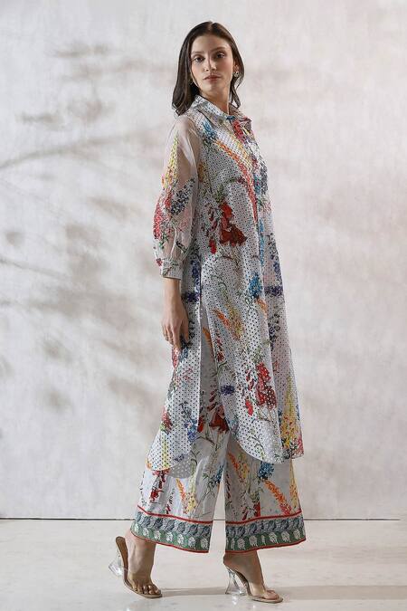 RANNA GILL Multi Color Viscose Linen Print Floral Schiffli Embroidered Kurta Online at Aza Fashions RANNA GILL_Multi Color Viscose Linen Print Floral Schiffli Embroidered Kurta _Online_at_Aza_Fashions