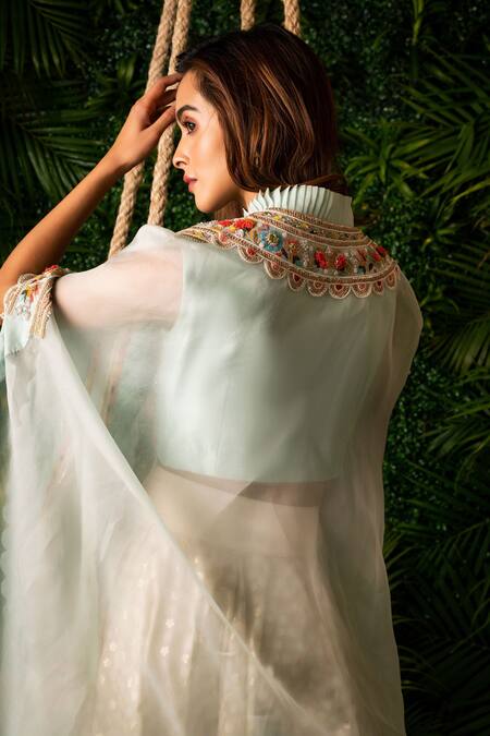 Shop Pallavi Poddar Blue Gingham Embroidery, Tassels Round Neck Mughal Garden Cape And Lehenga Set Online at Aza Fashions Shop_Pallavi Poddar_Blue Gingham Embroidery, Tassels Round Neck Mughal Garden Cape And Lehenga Set _Online_at_Aza_Fashions