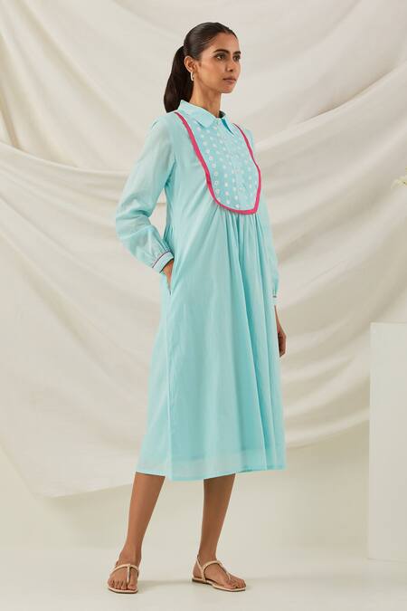 The Indian Cause Blue Cotton Embroidery Shawl Neck Zaid Placed Chikankari Dress Online at Aza Fashions The Indian Cause_Blue Cotton Embroidery Shawl Neck Zaid Placed Chikankari Dress_Online_at_Aza_Fashions