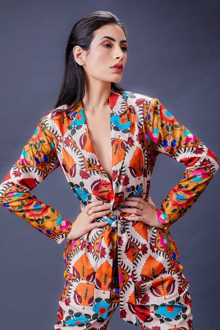 Fuga Multi Color Cotton Leafy Tango Abstract Print Blazer And Pant Set Online at Aza Fashions Fuga_Multi Color Cotton Leafy Tango Abstract Print Blazer And Pant Set_Online_at_Aza_Fashions