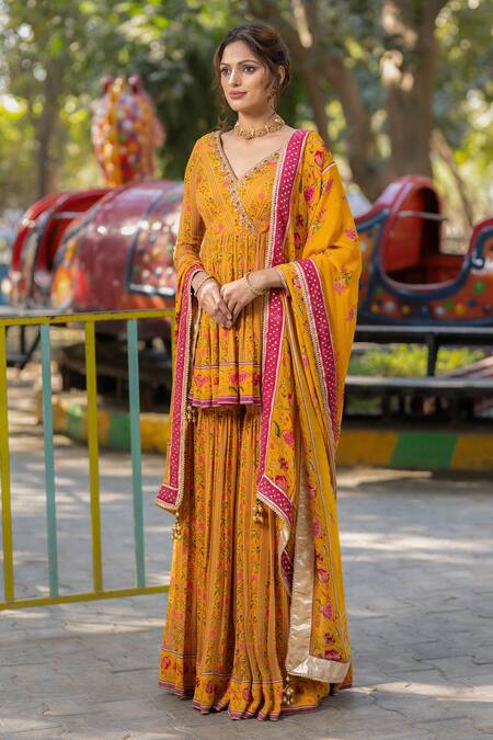 Irrau By Samir Mantri Yellow Georgette Embroidery, Sequins, Tassels Floral Stripe Print Gharara Set Online at Aza Fashions Irrau By Samir Mantri_Yellow Georgette Embroidery, Sequins, Tassels Floral Stripe Print Gharara Set _Online_at_Aza_Fashions