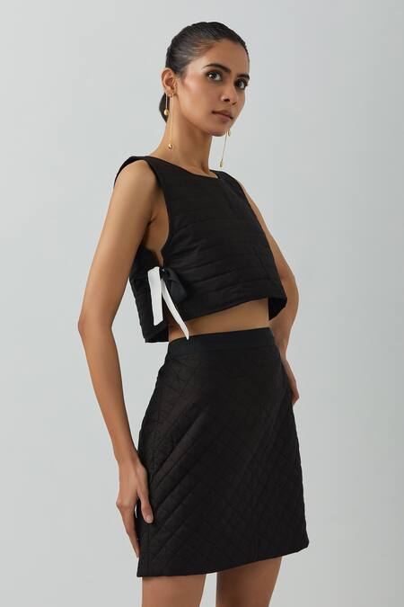 The Indian Cause_Black Cotton Square Neck Side Tie-up Armour Vest And Skirt Set_Online_at_Aza_Fashions