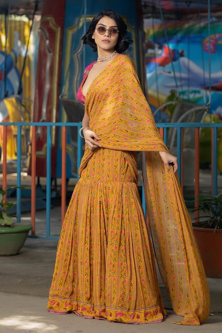 Irrau By Samir Mantri_Yellow Georgette Sequins, Beads Multi Color Printed Pre-draped Saree And Blouse _Online_at_Aza_Fashions