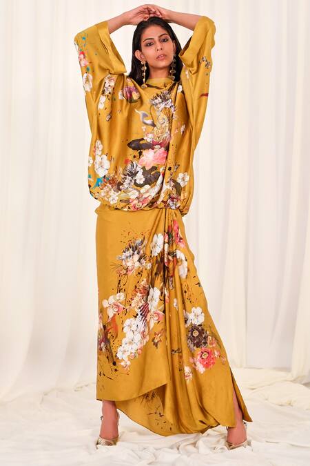 AK-OK_Yellow Silk Embroidery Round Neck Floral Print Top With Drape Skirt _Online_at_Aza_Fashions