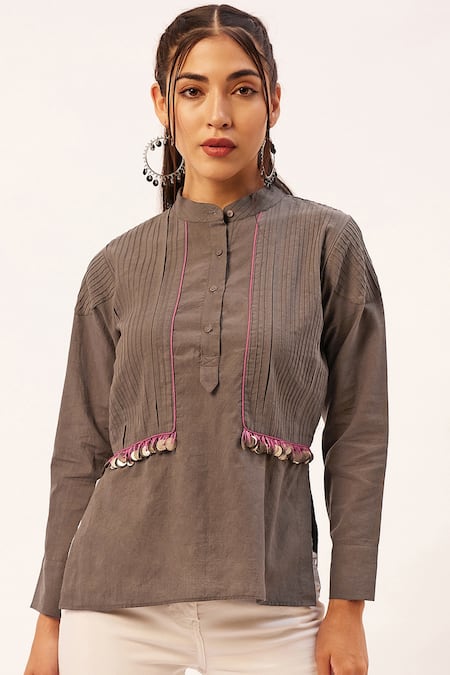Zariya The Label_Grey Cotton Piping Mandarin Collar Pintuck Bodice Top _Online_at_Aza_Fashions