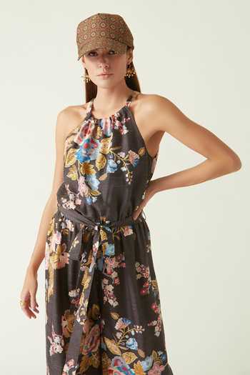 Payal Pratap_Brown Linen Satin Printed Floral Halter Batur Jumpsuit  _Online_at_Aza_Fashions