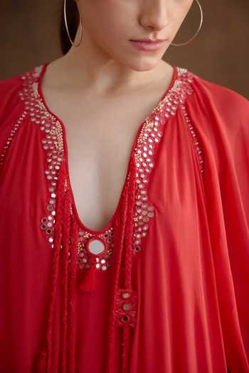 Nikasha_Coral Viscose, Georgette Sequins, Beads Split Mirror Neckline Embroidered Dress _Online_at_Aza_Fashions
