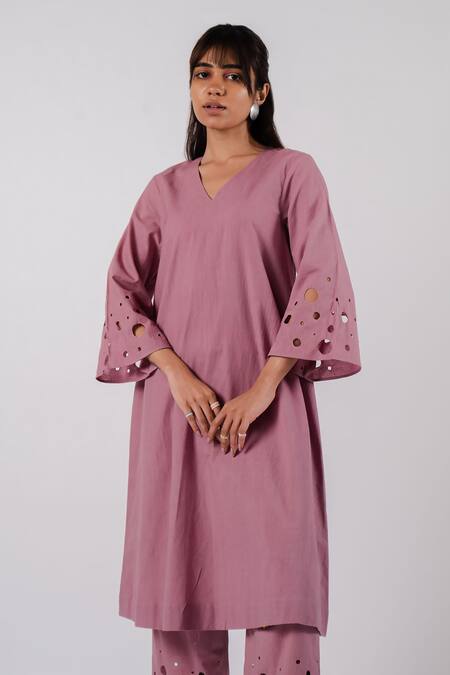 Tussah By Siddhi Shah_Purple Cotton Cut-work Circle V Cut Work Bell Sleeve Kurta With Pant  _Online_at_Aza_Fashions