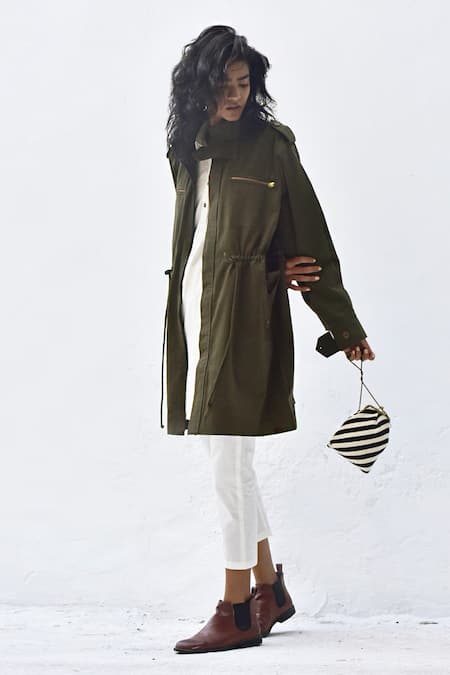 Kharakapas_Green Twill Collared Parka Jacket _Online_at_Aza_Fashions