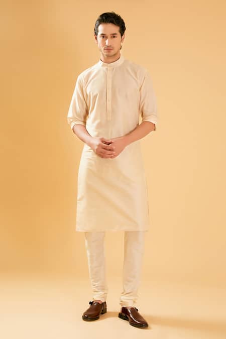 Raghavendra Rathore Blue_Off White Silk Band Collar Kurta _Online_at_Aza_Fashions